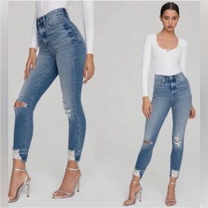 Good American | Women’s Medium Blue Denim Distressed Good Waist Chewed Hem Jeans